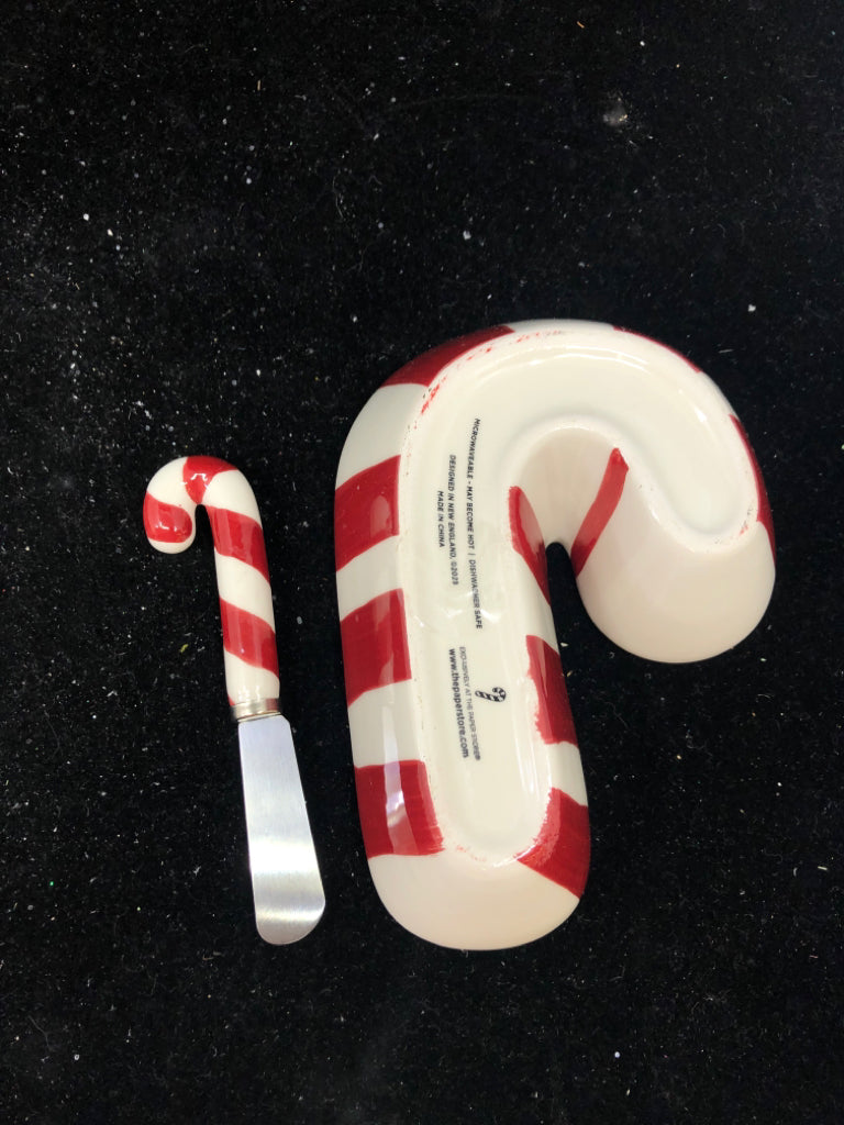 2 PC CANDY CANE BOWL W/ CHEESE SPREADER.