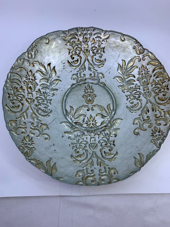 TEAL EMBOSSED FLORAL CENTERPIECE BOWL.
