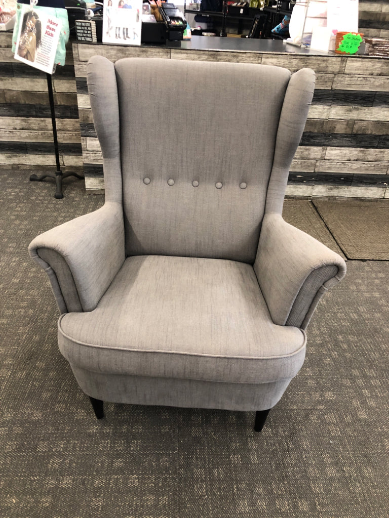 GREY ACCENT CHAIR W/ HIGH BACK IKEA.