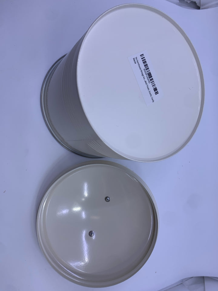 WHITE ENAMEL METAL COOKIE JAR.