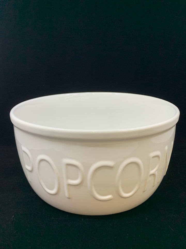 WHITE CERAMIC POPCORN BOWL.