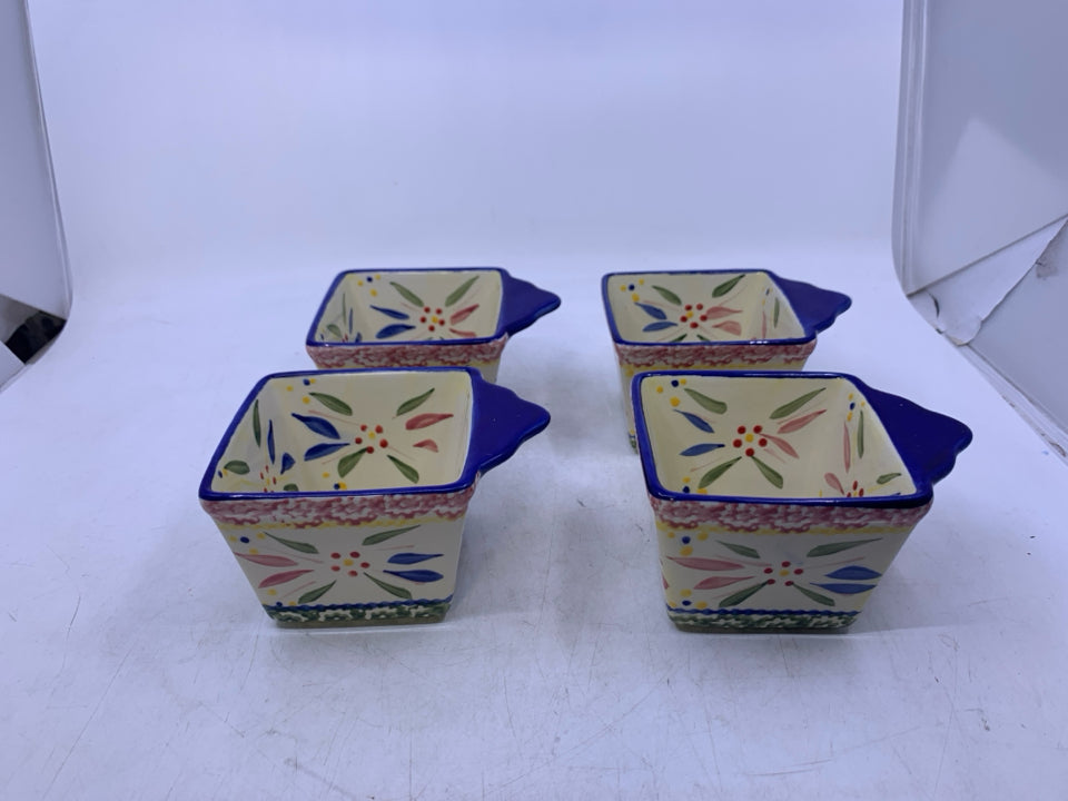 4 BLUE GREEN RED DIP BOWLS W/ HANDLES.