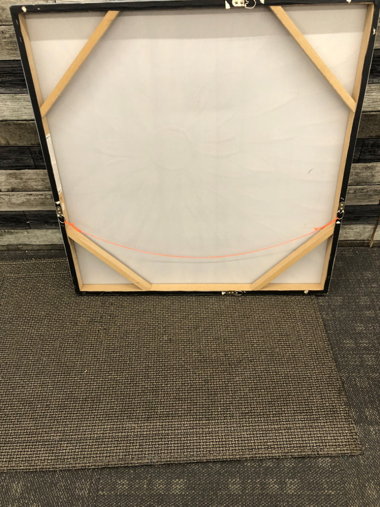 LARGE GREY AND SILVER FLOWER PAINTING ON CANVAS.