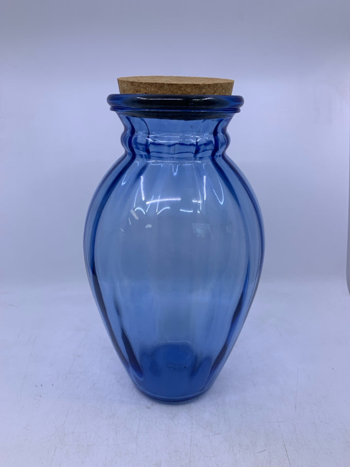 BLUE GLASS CANISTER W/ CORK LID.
