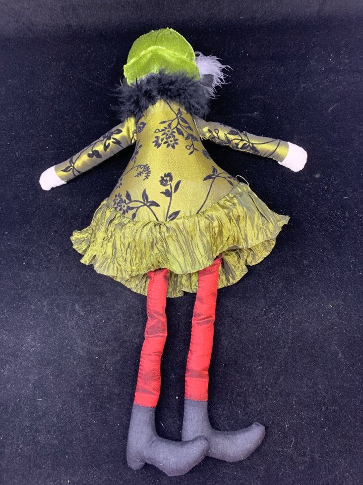 PLUSH LADY SNOWMAN SHELF SITTER GREEN DRESS.