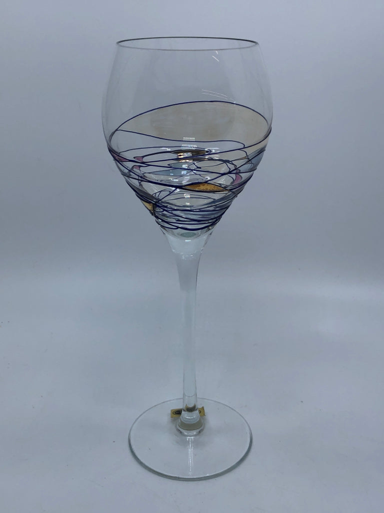 4 GLASS WINE GLASSES W/DELICATE BLUE LINES.