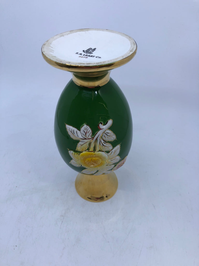 GREEN GOLD VASE W/ YELLOW PINK FLOWERS.