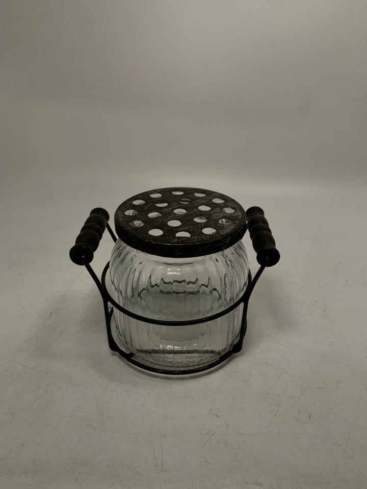 RIBBED GLASS FLOWER FROG W/ METAL TOP/STAND.