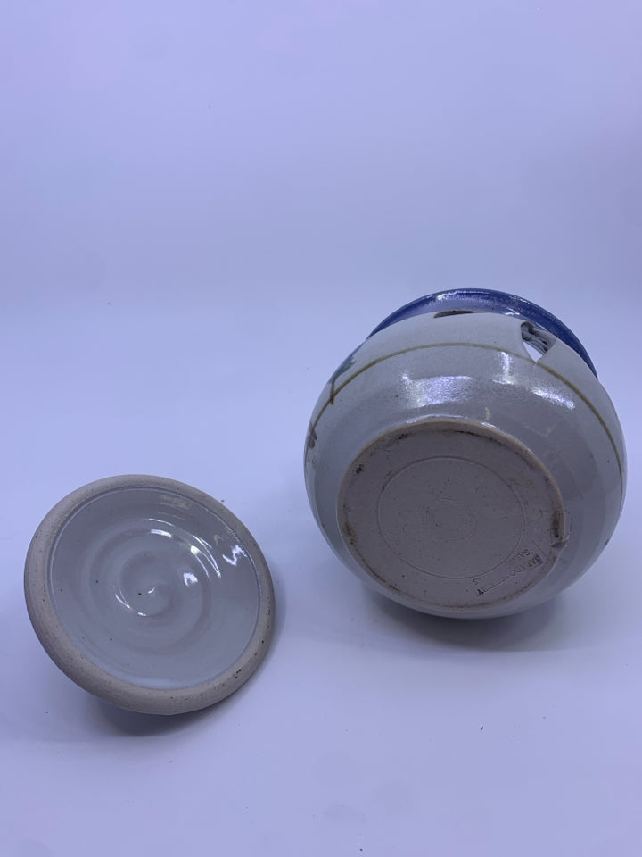 PAINTED LAVENDER PIERCED GARLIC CANISTER GREY/BLUE SALADO POTTERY.