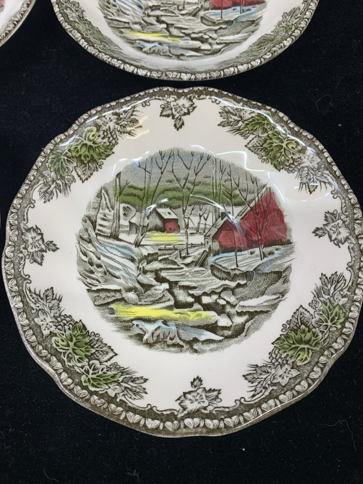 4 VTG RED BARN SCENE DESSERT PLATES JOHNSON BROS.