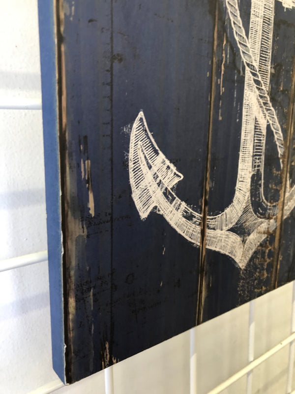 DISTRESSED WHITE ANCHOR ON BLUE BACKGROUND WALL HANGING 14"H X 10.
