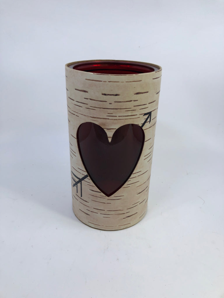 BIRCH-BARK PATTERN VASE W/RED GLASS HEART CUT-OUT.