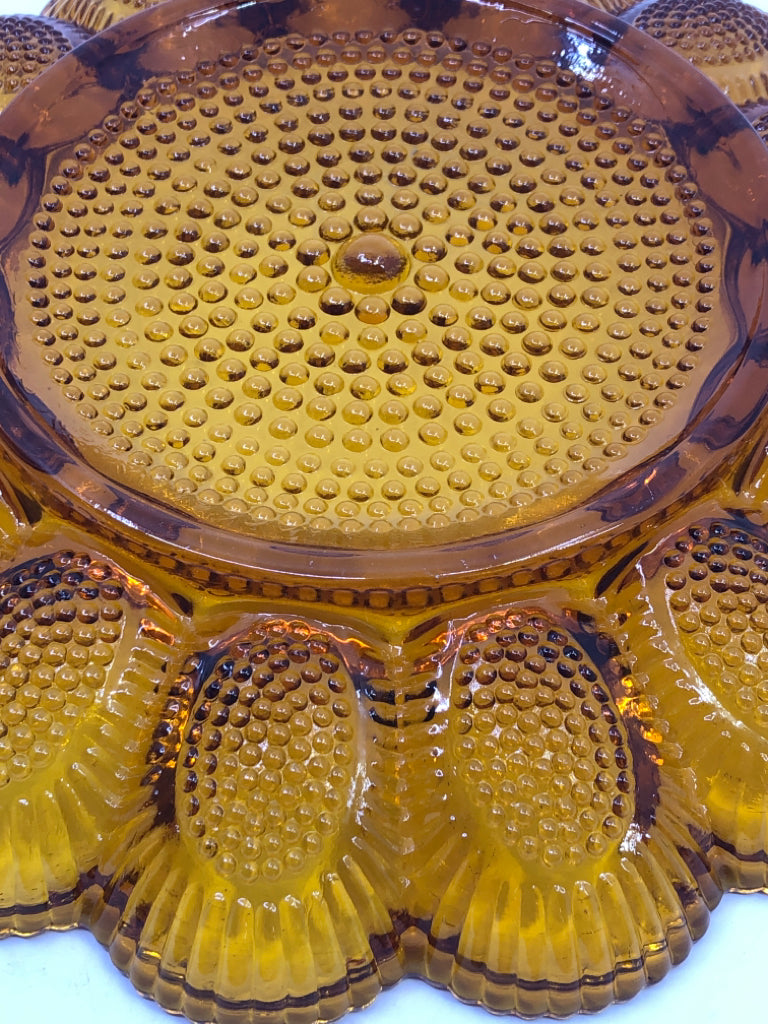 VTG AMBER GLASS HOBNAIL DEVILED EGG SERVING DISH.