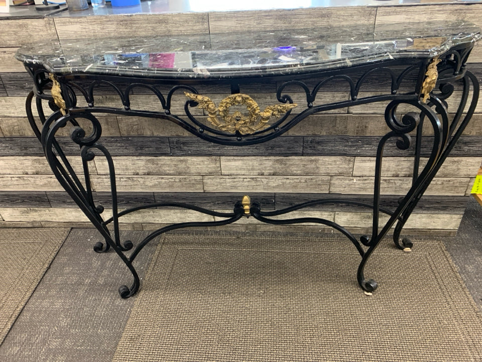 BLACK WROUGHT IRON BLACK MARBLE TOP CONSOLE TABLE.