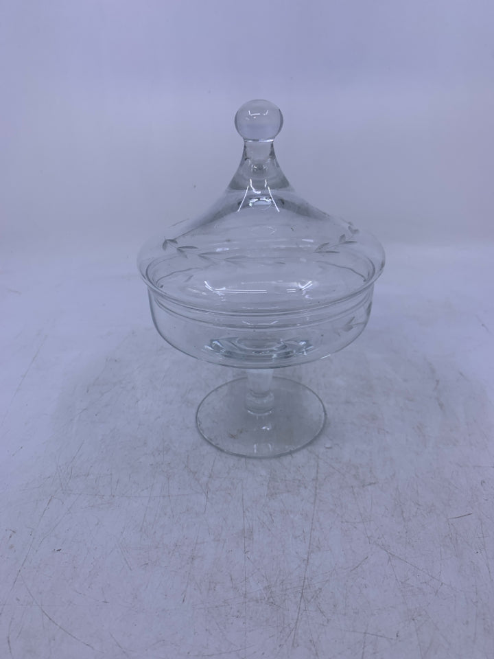 VTG ETCHED LEAVES FOOTED COVERED CANDY DISH.