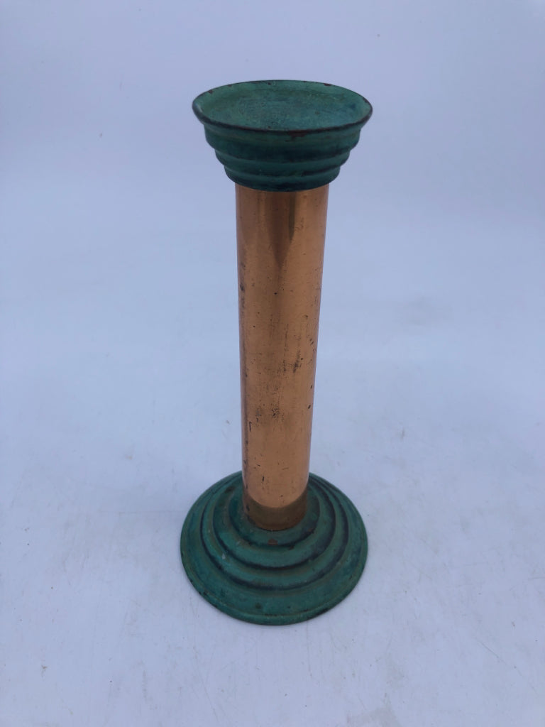 3 COPPER CANDLE HOLDERS W CANDLES.