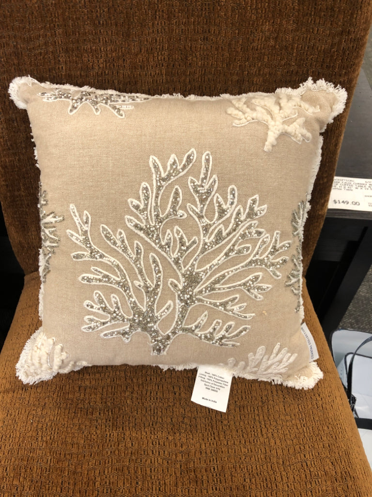 BEADED BEIGE PILLOW CORAL COASTAL COLLECTIONS.