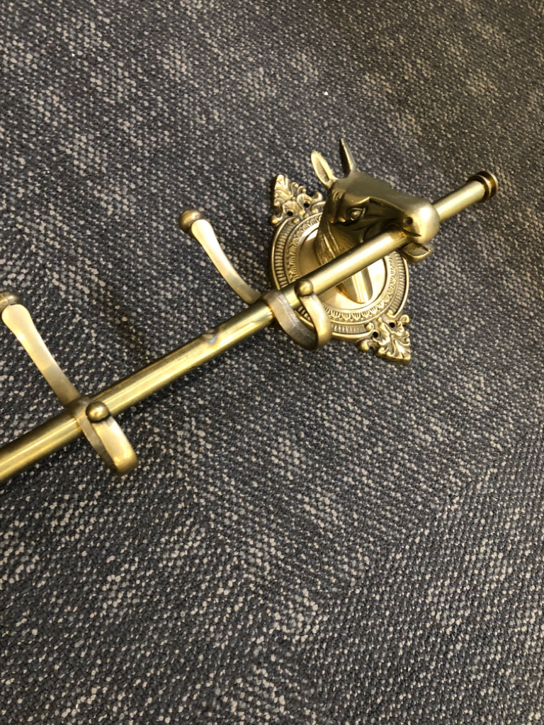 BRASS HORSE COAT RACK WALL MOUNT W/5 HOOKS.