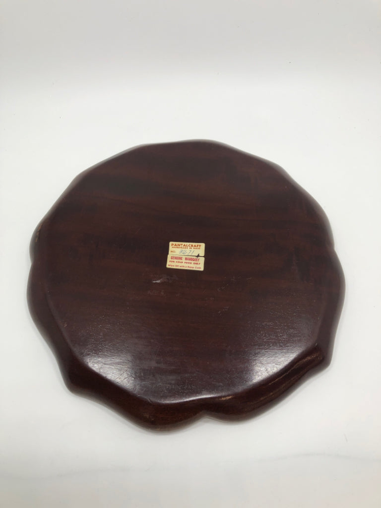 VTG MAHOGANY WOOD ROUND DIVIDED SERVING TRAY.