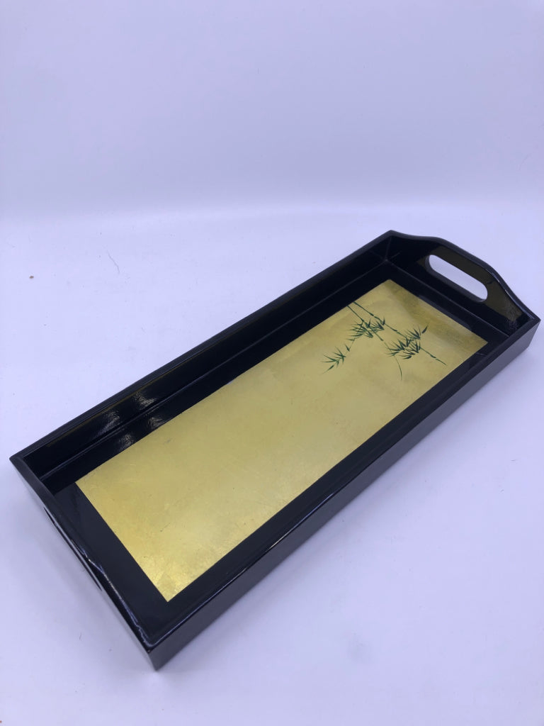 BLACK ASIAN STYLE RECTANGLE TRAY W GOLD ACCENTS AND HANDLES.