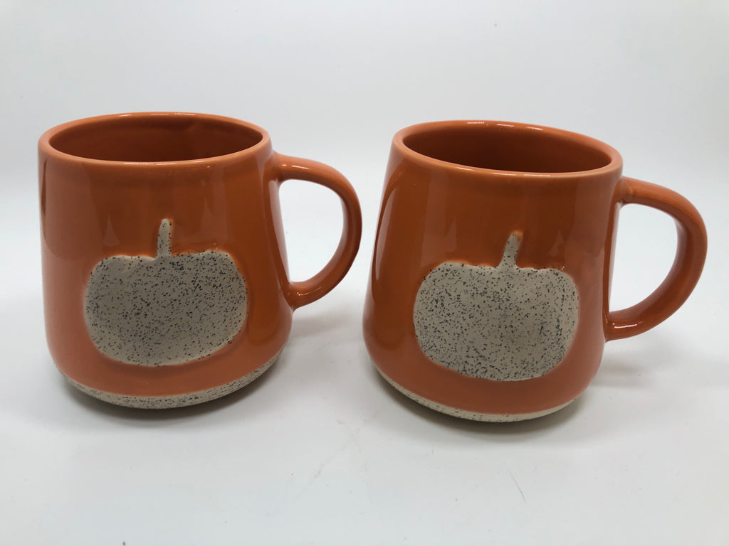2 ORANGE MUGS W/ CREAM SPECKLED PUMPKIN.