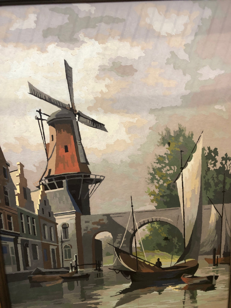 VTG WINDMILL AND BOAT SCENE IN WOOD FRAME WALL ART.