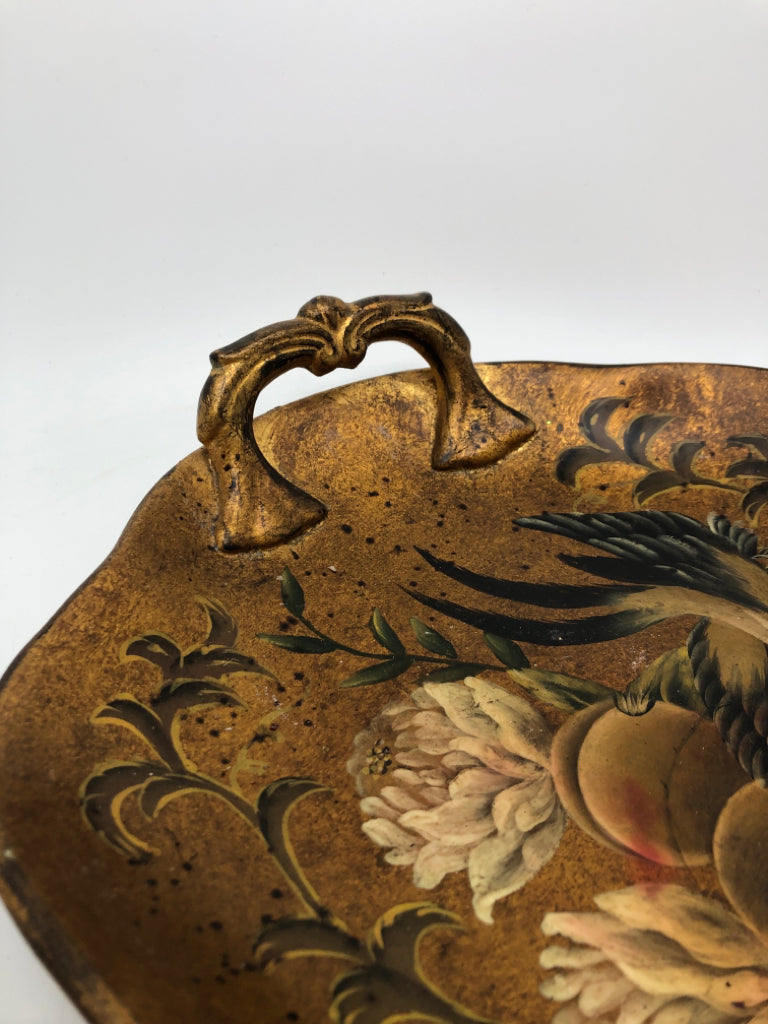 BIRD PAINTED GOLD CERAMIC TRAY W/HANDLES.