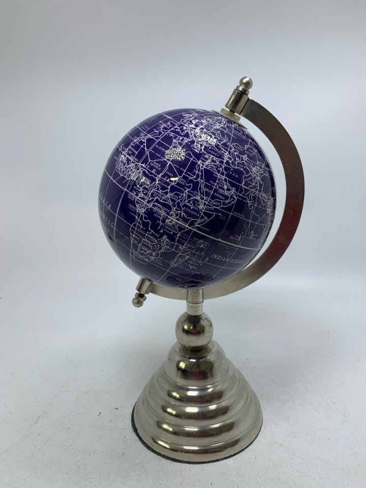 SILVER METAL STAND W/ COBALT BLUE GLOBE.