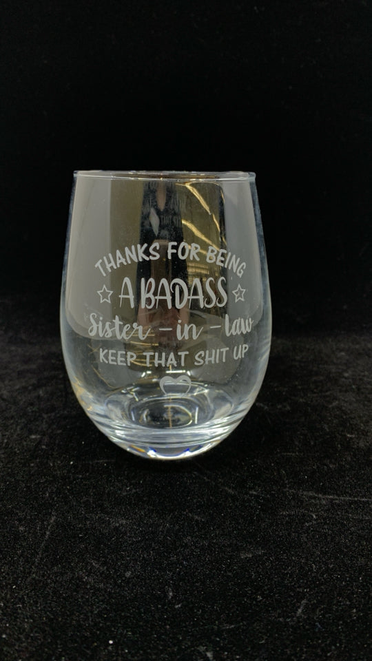 SISTER IN LAW STEMLESS WINE GLASS.