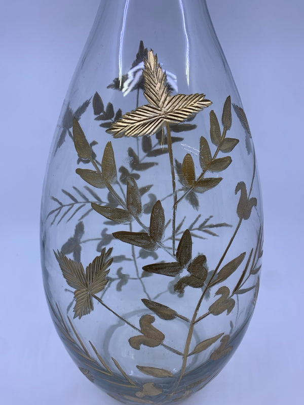 TALL GLASS VASE W/ GOLD CARVED LEAVES.