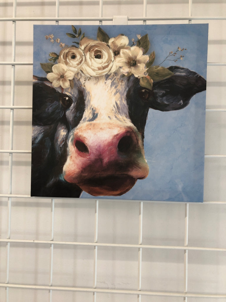 COW W/FLOWERS CANVAS.