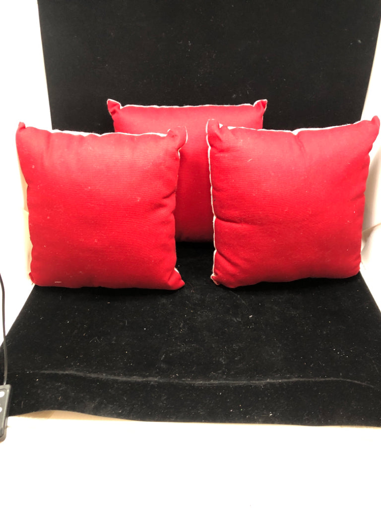 3PC "JOY" RED/WHITE STRIP PILLOWS.