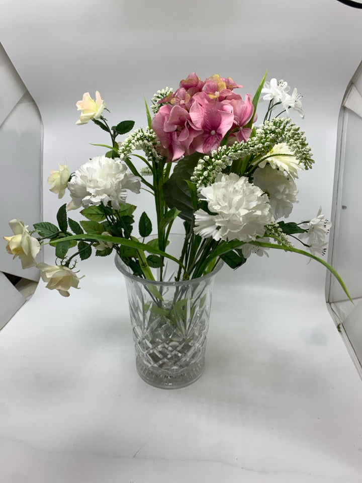 FAUX FLORALS IN CLEAR VASE W/GEMS.