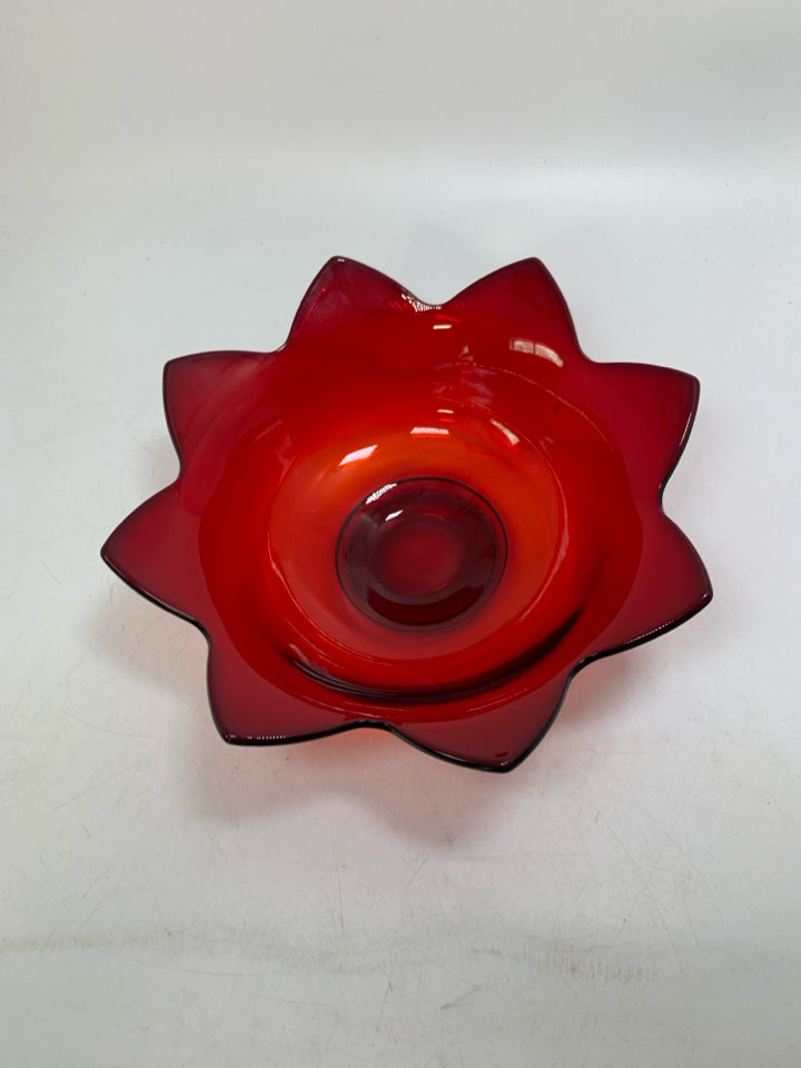 VTG RUBY RED/ORANGE LOTUS FLOWER SHAPED PETAL BOWL.