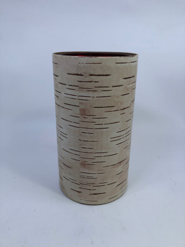 BIRCH-BARK PATTERN VASE W/RED GLASS HEART CUT-OUT.