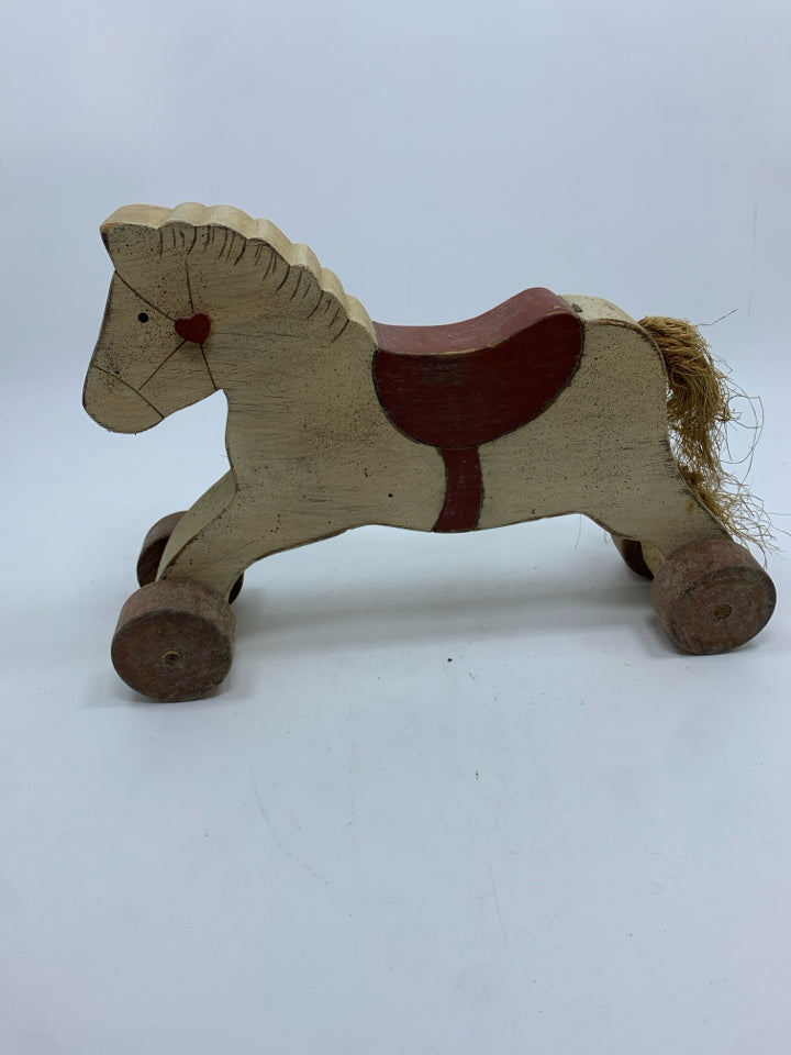 VTG WOODEN HORSE ON WHEELS.