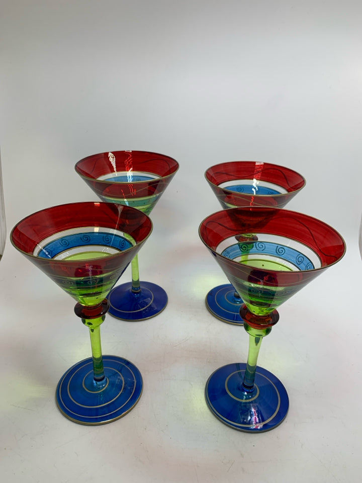 4 MULTI COLORED LUMINESCENCE MARTINI GLASSES.