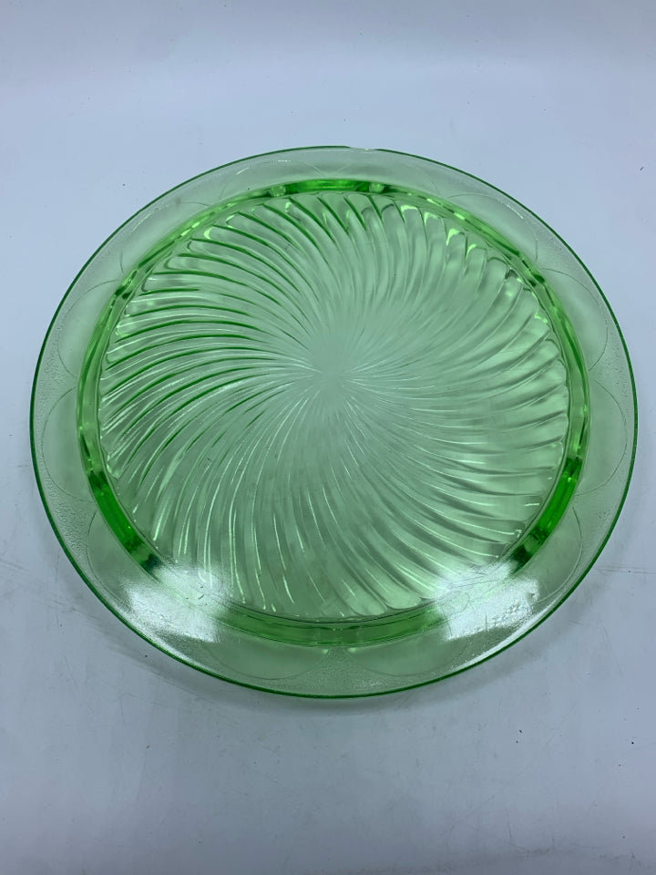 VTG GREEN URANIUM GLASS CAKE PLATE.