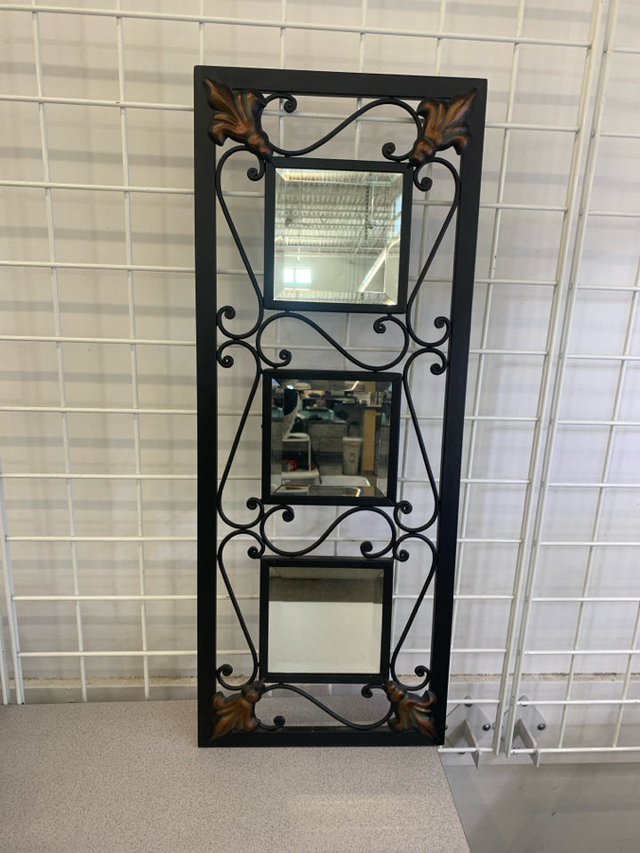 3SQUARE MIRROR METAL SCROLL WALL HANGING W/BRONZE DETAILS.