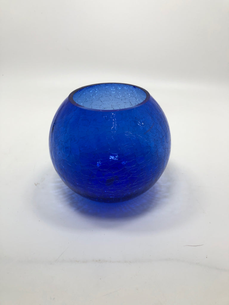 COBALT BLUE CRACKLE GLASS ORB TEALIGHT HOLDER.