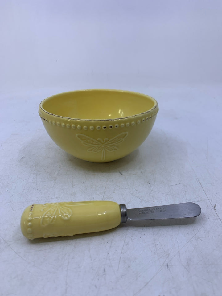 YELLOW DIP BOWL W/ SPREADER EMBOSSED BUTTERFLIES BEADED EDGE.