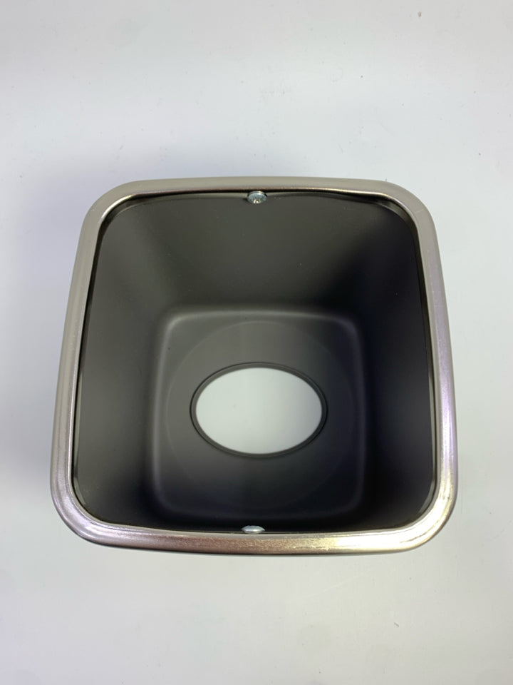 GREY TISSUE BOX COVER W/SILVER RIM ON BOTTOM.