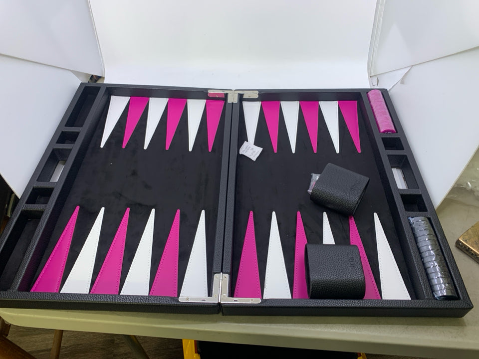 BLACK LEATHER CASE BACKGAMMON SET PINK/WHITE INTERIOR.