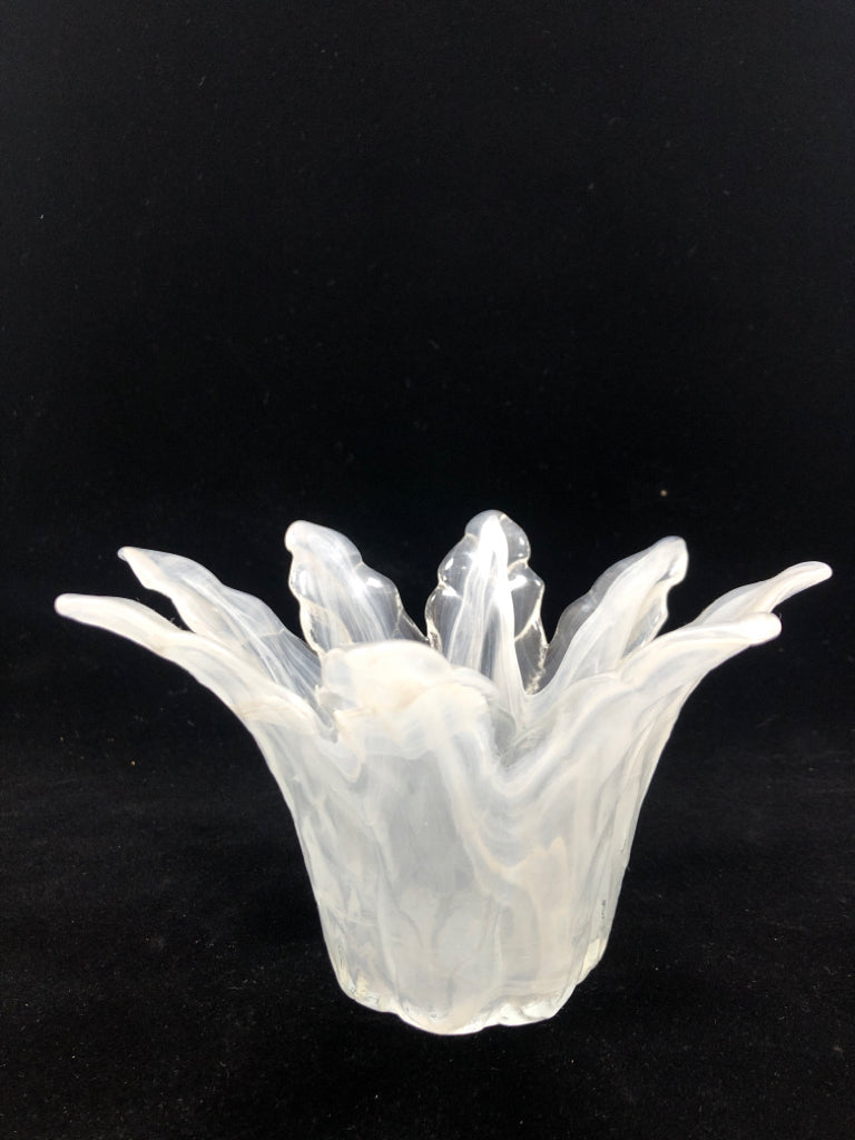 WHITE/CLEAR GLASS PETAL DISH.