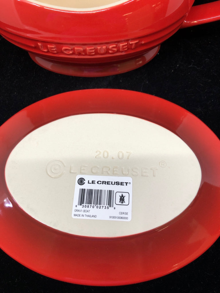 NIB RED GRAVY BOAT WITH SAUCER-LE CREUSET.
