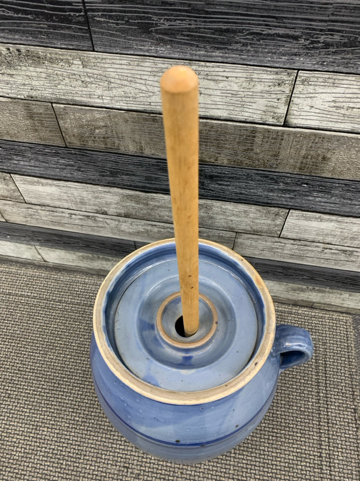 VTG BLUE CERAMIC BUTTER CHURN + WOOD DASHER.