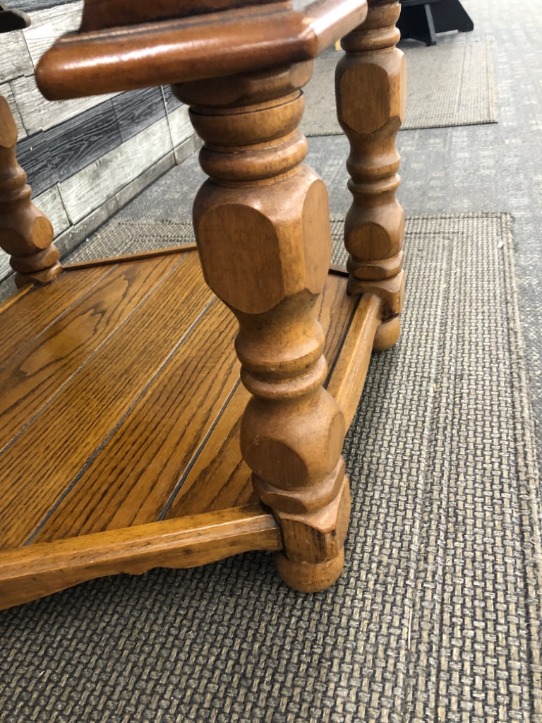 VTG OAK HEXAGONAL END TABLE.