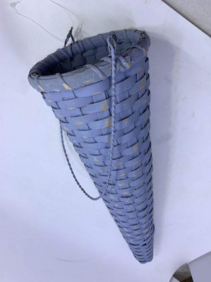 BLUE WICKER CONE BASKET HANGING.