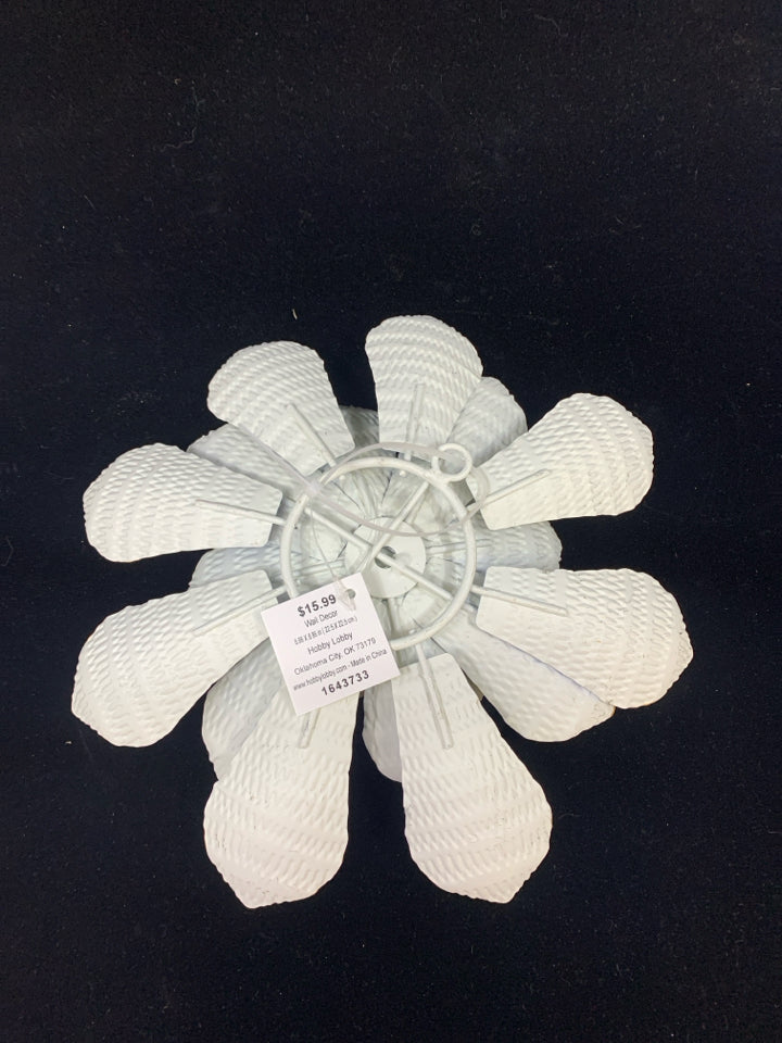 WHITE METAL FLOWER W/BURLAP CENTER.