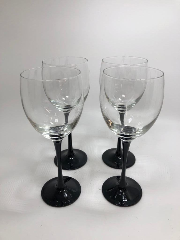 4 BLACK STEMMED WINE GLASSES MADE IN FRANCE.